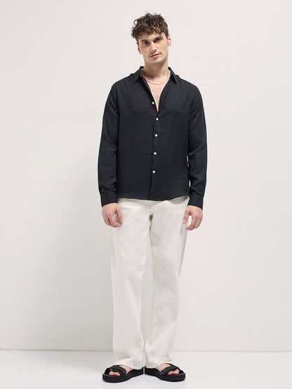 Black Solid Seersucker Effect Slim Fit Casual Shirt