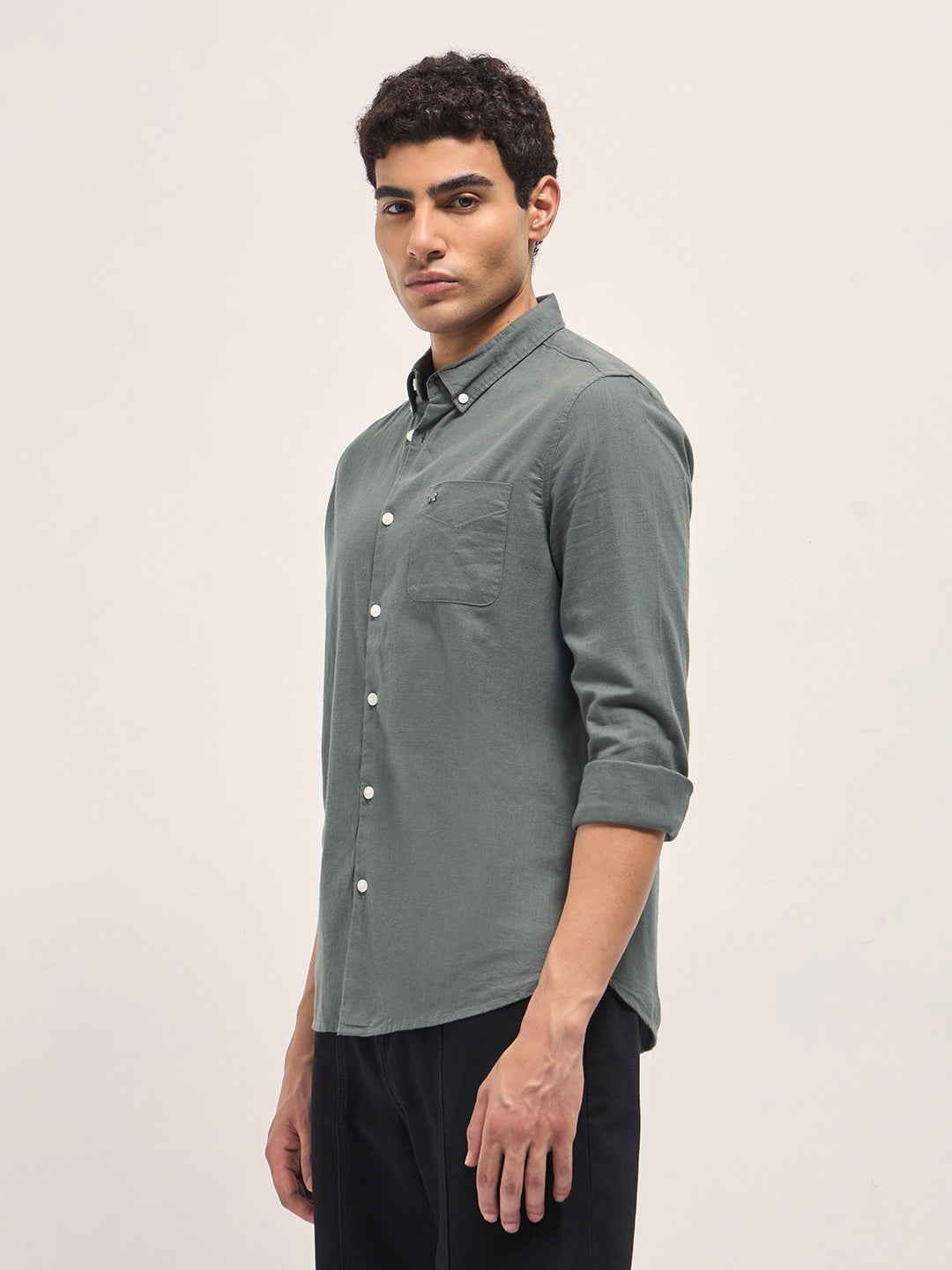 Grey Solid Slim Fit Cotton Casual Shirt
