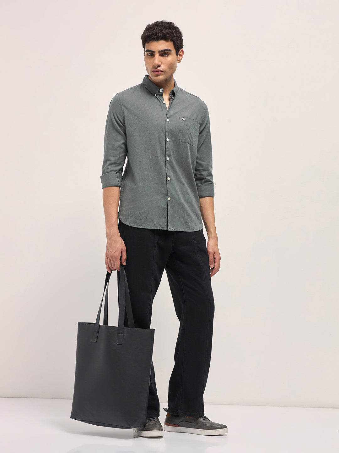 Grey Solid Slim Fit Cotton Casual Shirt