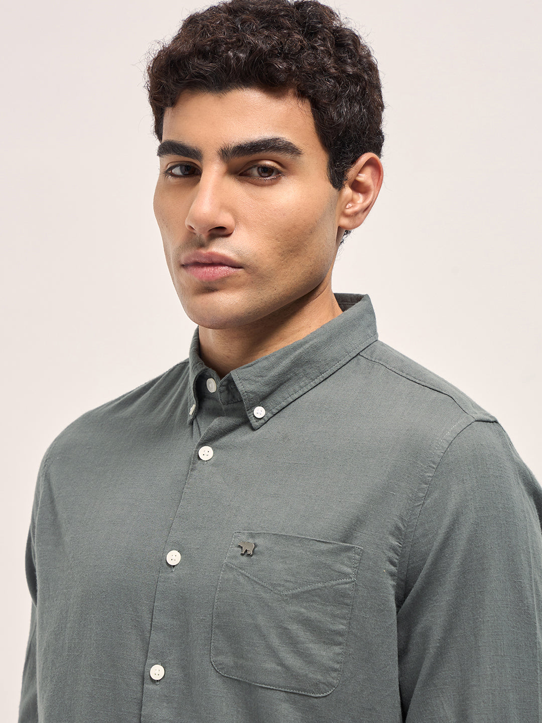 Grey Solid Slim Fit Cotton Casual Shirt