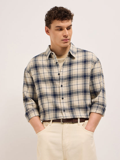 Beige with Blue Tartan Check Relaxed Fit Shacket