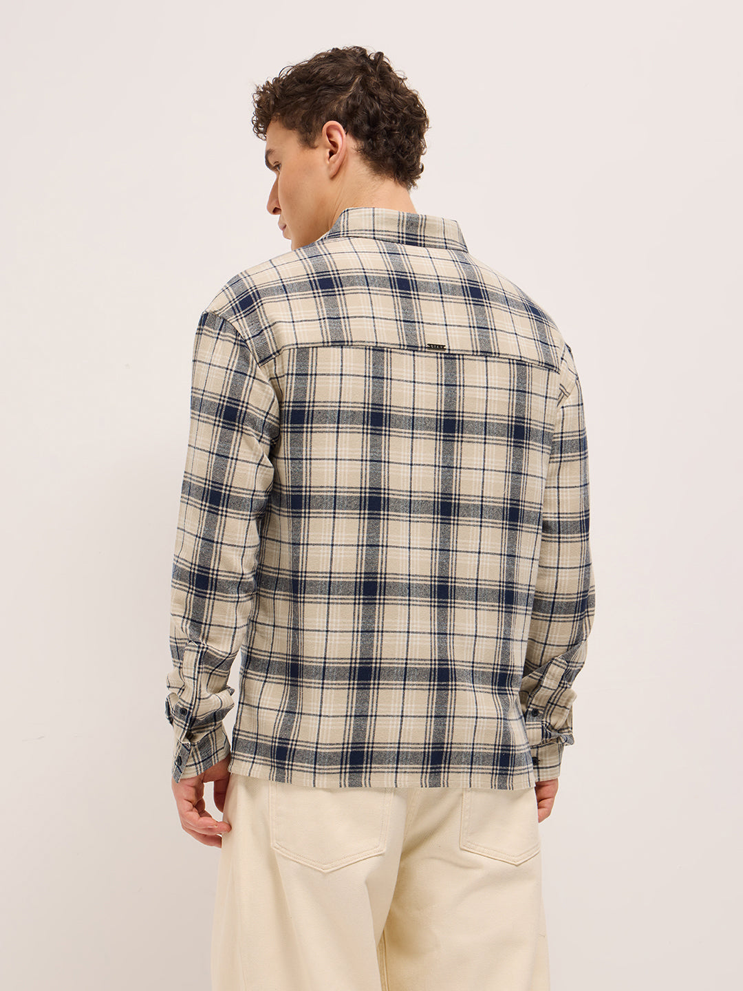 Beige with Blue Tartan Check Relaxed Fit Shacket