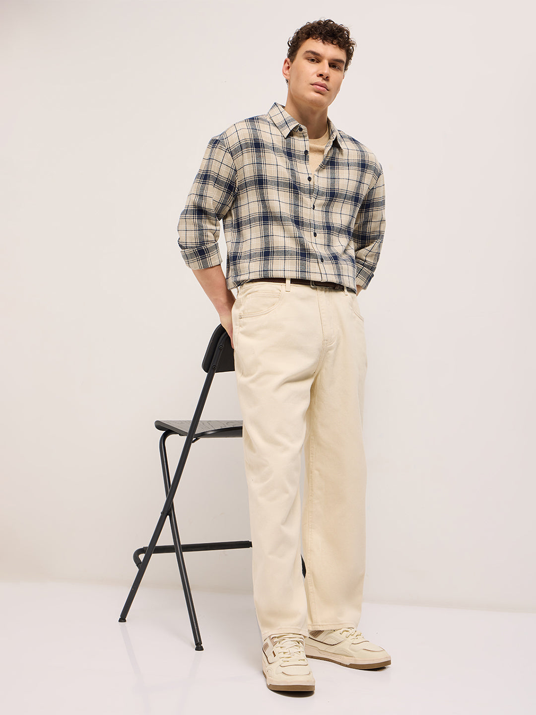 Beige with Blue Tartan Check Relaxed Fit Shacket