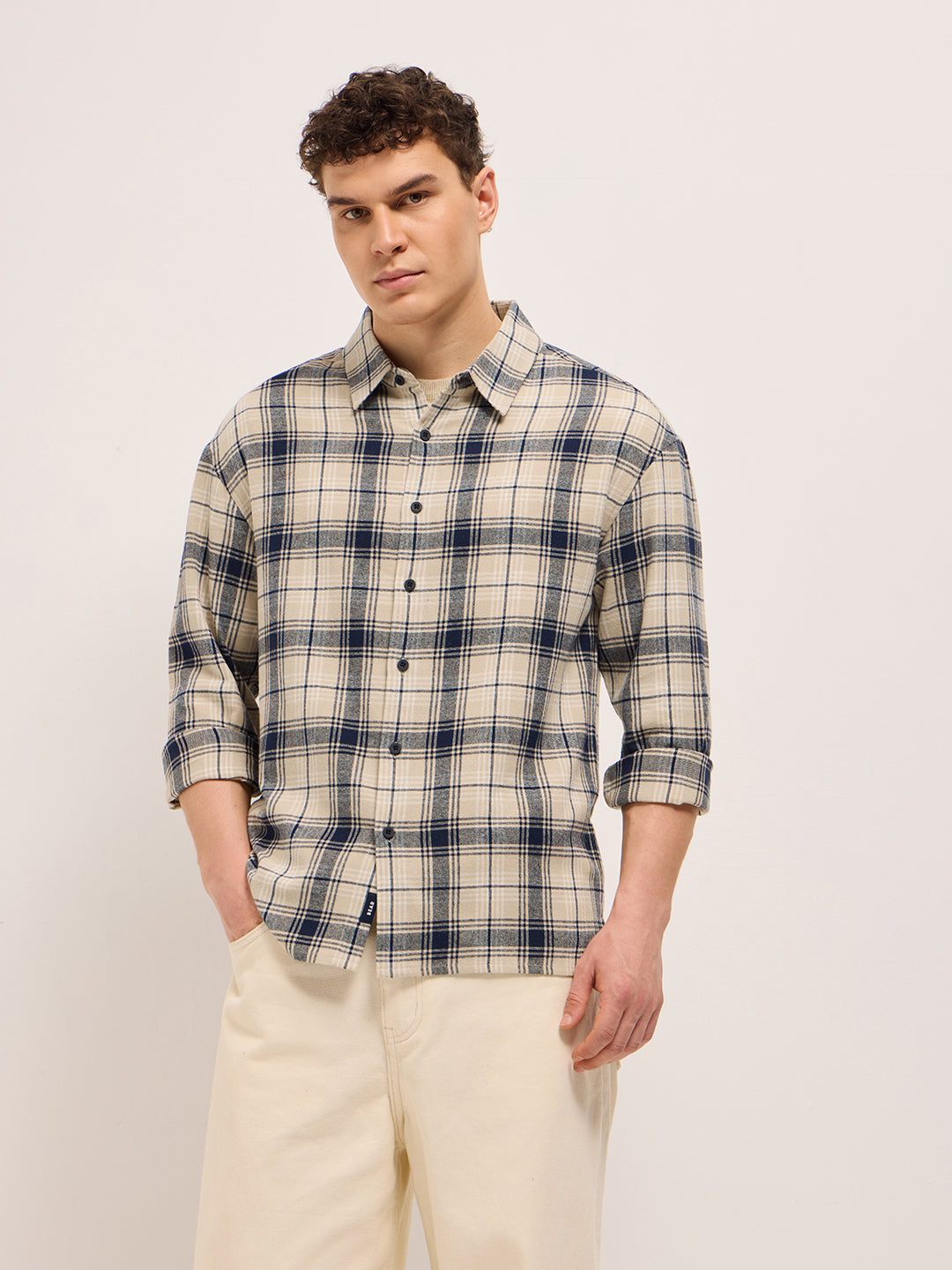 Beige with Blue Tartan Check Relaxed Fit Shacket