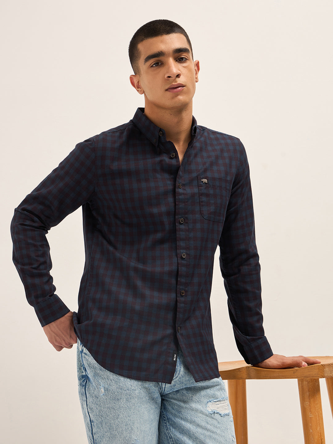 Blue with Maroon Gingham Check Slim Fit Casual Shirt