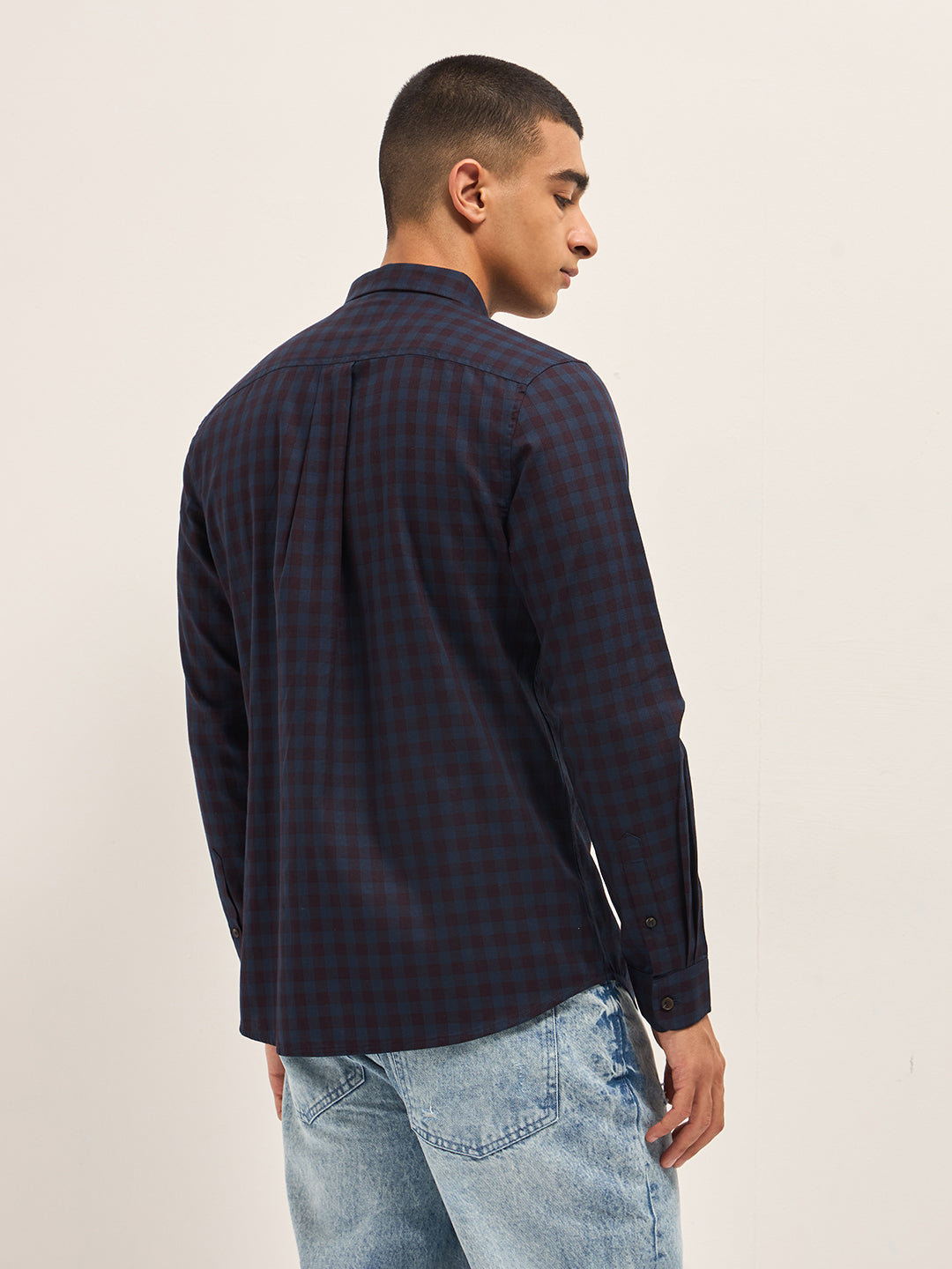 Blue with Maroon Gingham Check Slim Fit Casual Shirt