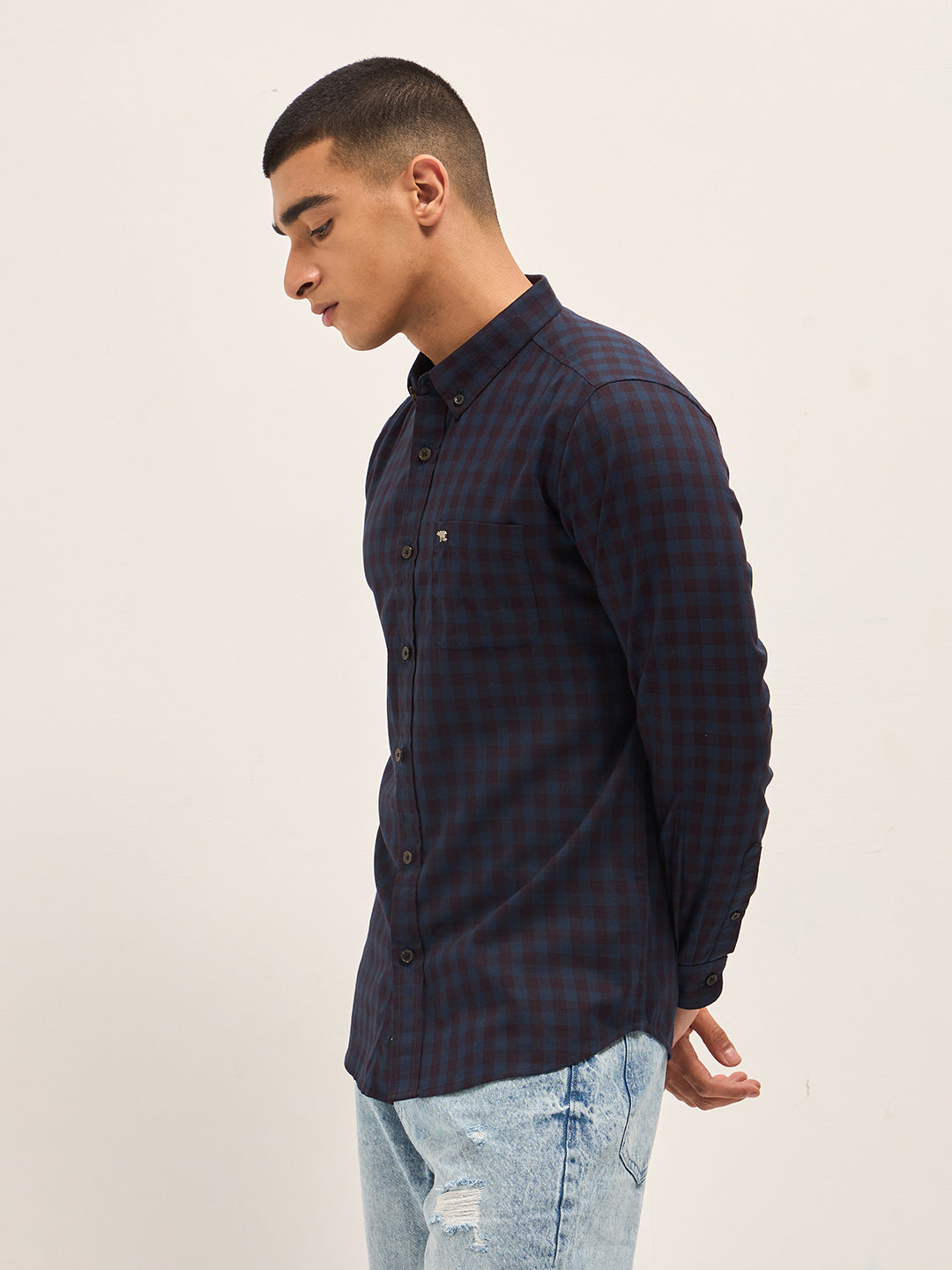 Blue with Maroon Gingham Check Slim Fit Casual Shirt