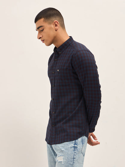 Blue with Maroon Gingham Check Slim Fit Casual Shirt
