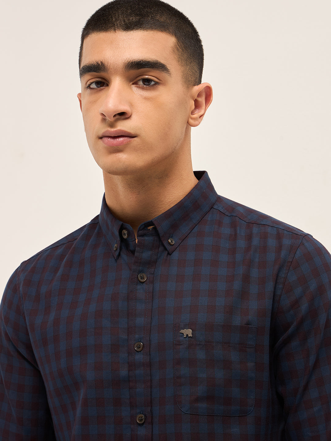 Blue with Maroon Gingham Check Slim Fit Casual Shirt