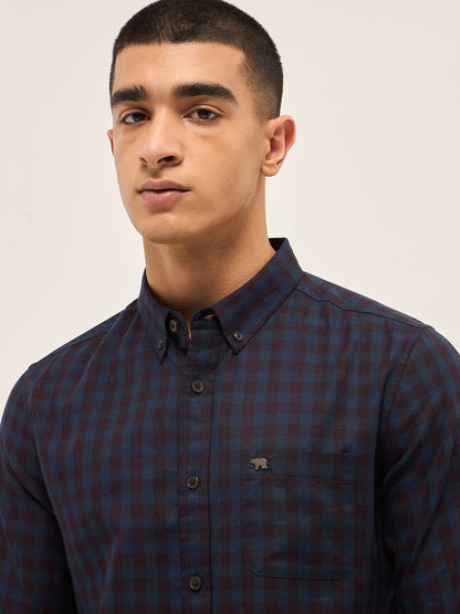 Blue with Maroon Gingham Check Slim Fit Casual Shirt