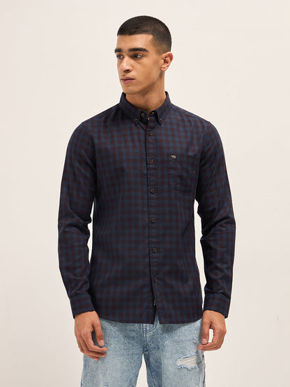 Blue with Maroon Gingham Check Slim Fit Casual Shirt