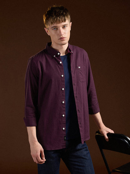 Maroon Solid Slim Fit Cotton Casual Shirt