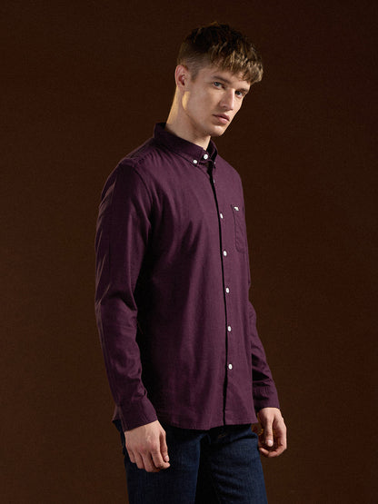 Maroon Solid Slim Fit Cotton Casual Shirt
