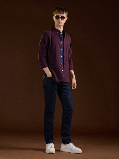 Maroon Solid Slim Fit Cotton Casual Shirt