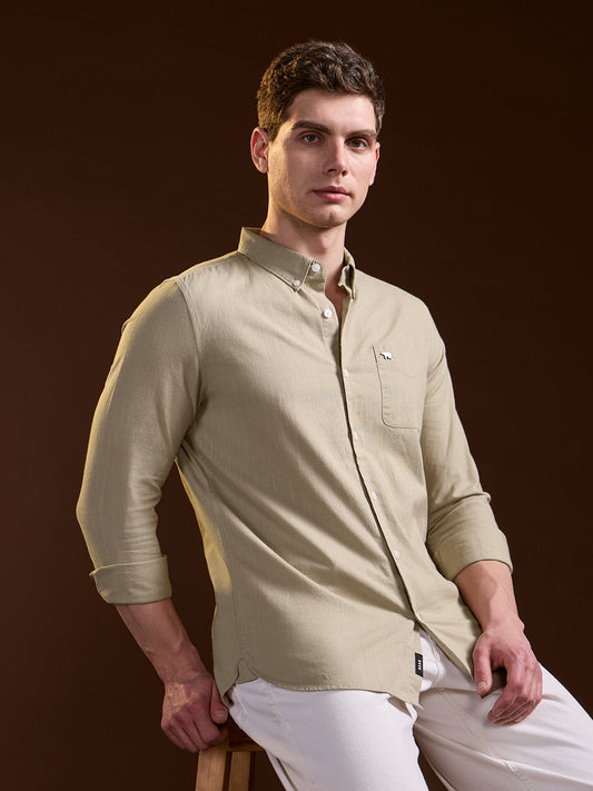 Beige Solid Slim Fit Cotton Casual Shirt