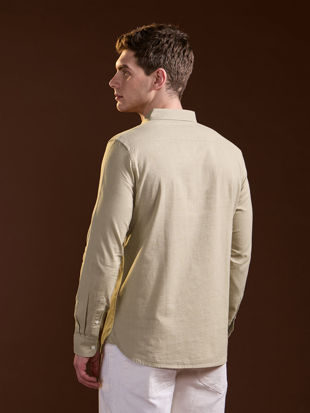 Beige Solid Slim Fit Cotton Casual Shirt