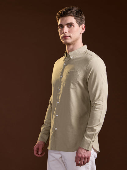 Beige Solid Slim Fit Cotton Casual Shirt