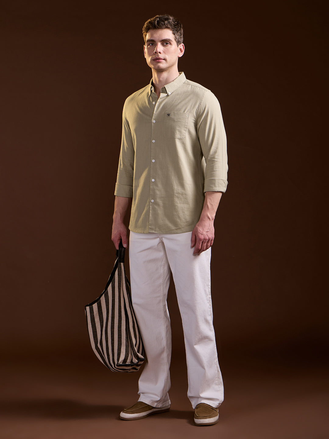 Beige Solid Slim Fit Cotton Casual Shirt