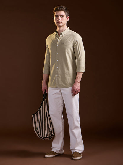 Beige Solid Slim Fit Cotton Casual Shirt