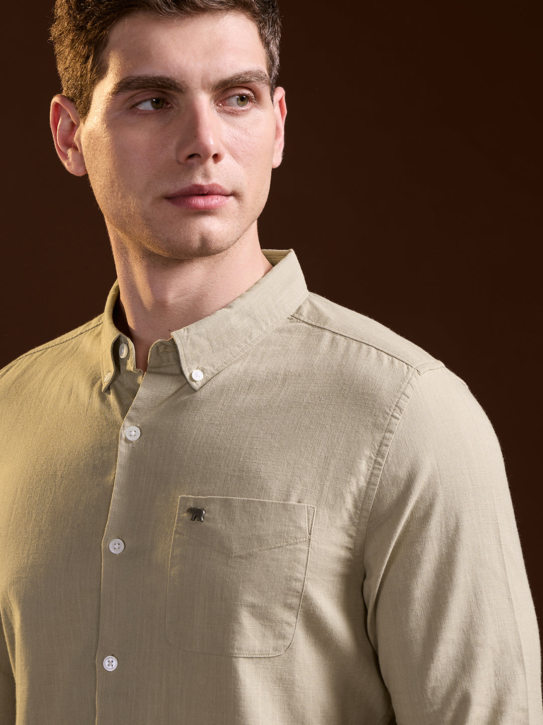 Beige Solid Slim Fit Cotton Casual Shirt
