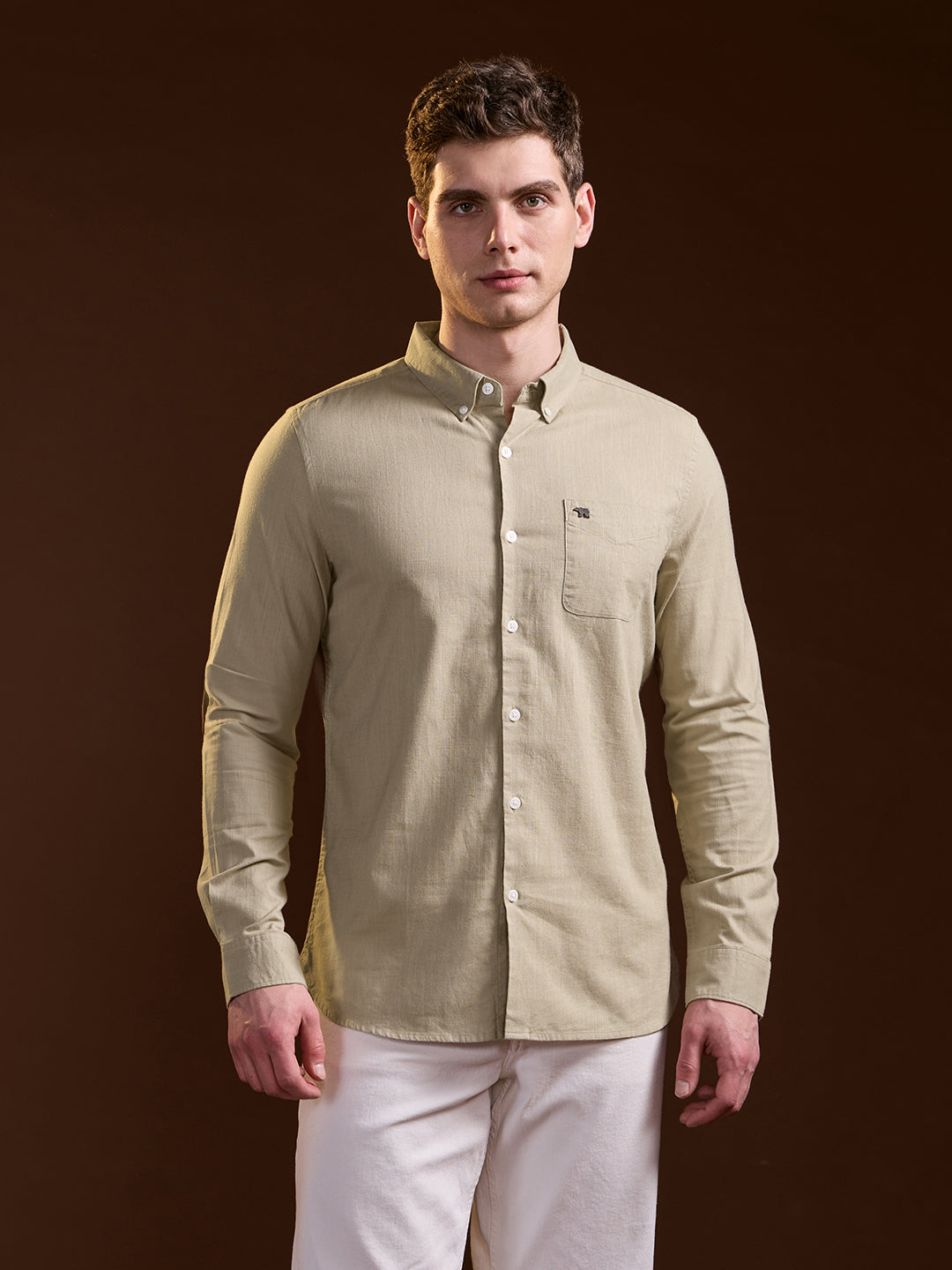 Beige Solid Slim Fit Cotton Casual Shirt