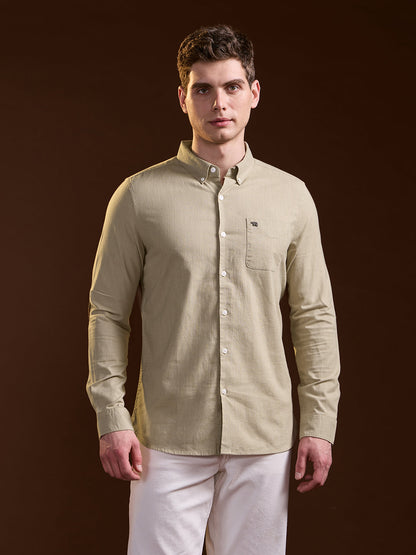 Beige Solid Slim Fit Cotton Casual Shirt