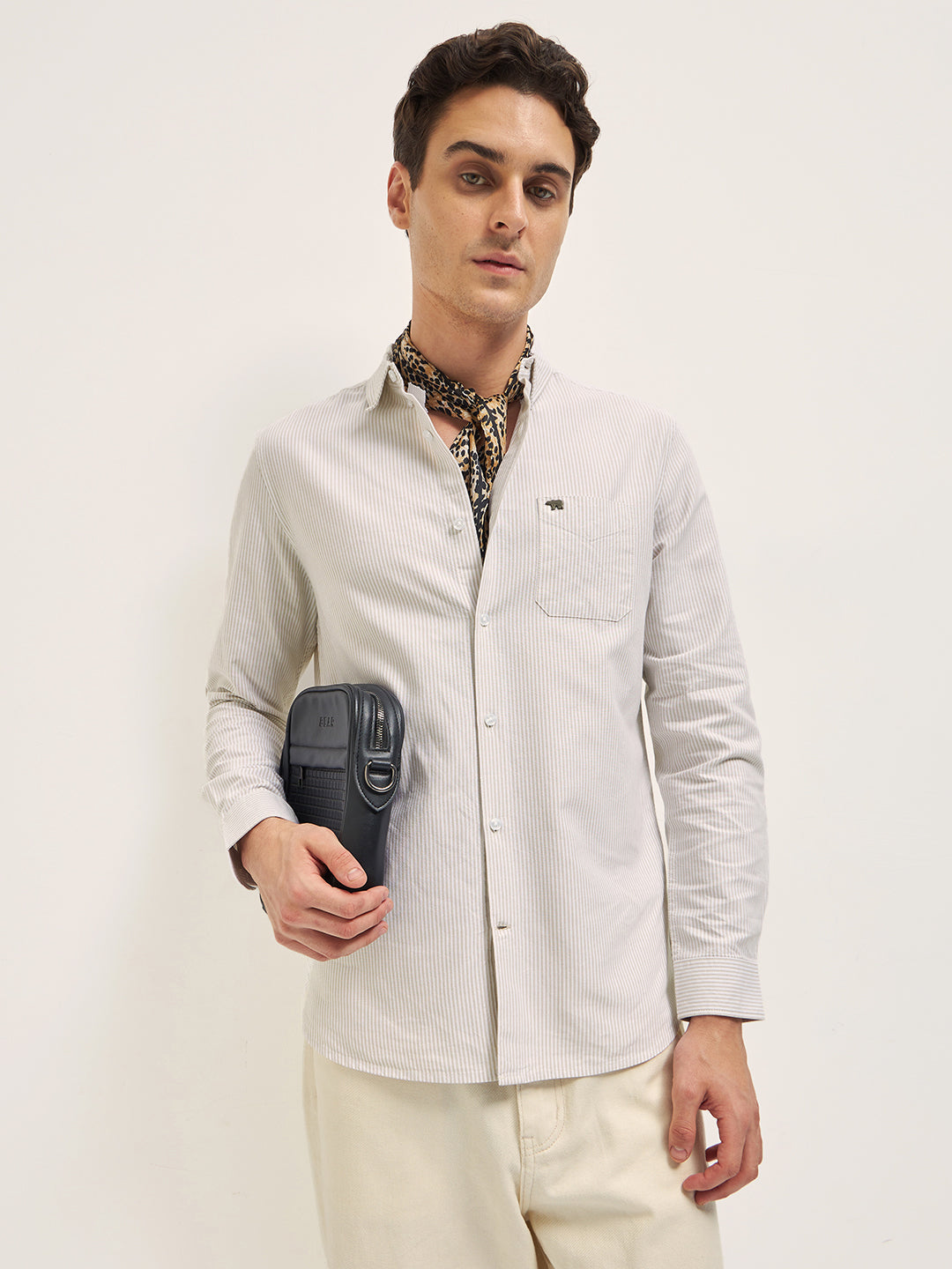 Beige Vertical Pin Stripes Slim Fit Casual Shirt