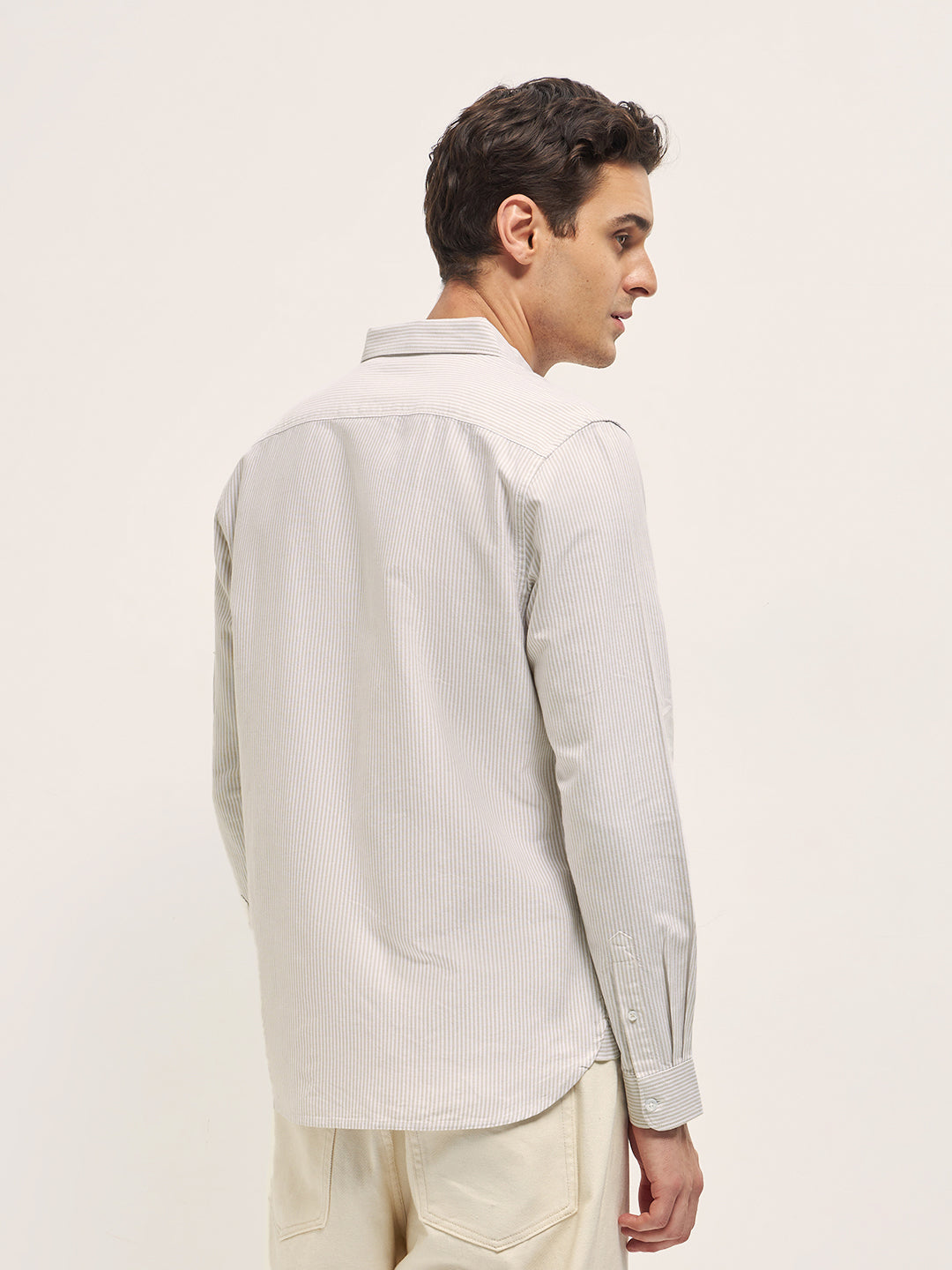 Beige Vertical Pin Stripes Slim Fit Casual Shirt