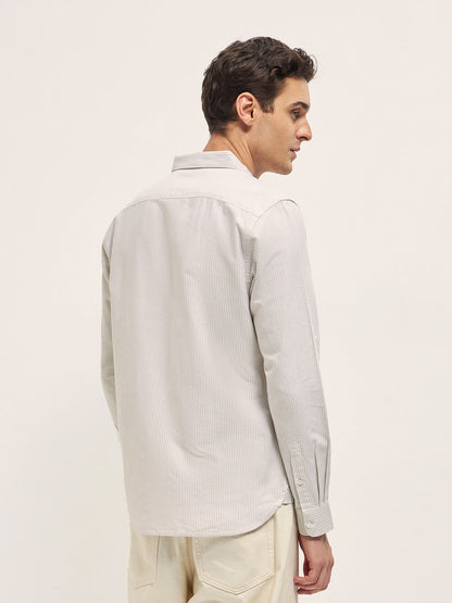 Beige Vertical Pin Stripes Slim Fit Casual Shirt