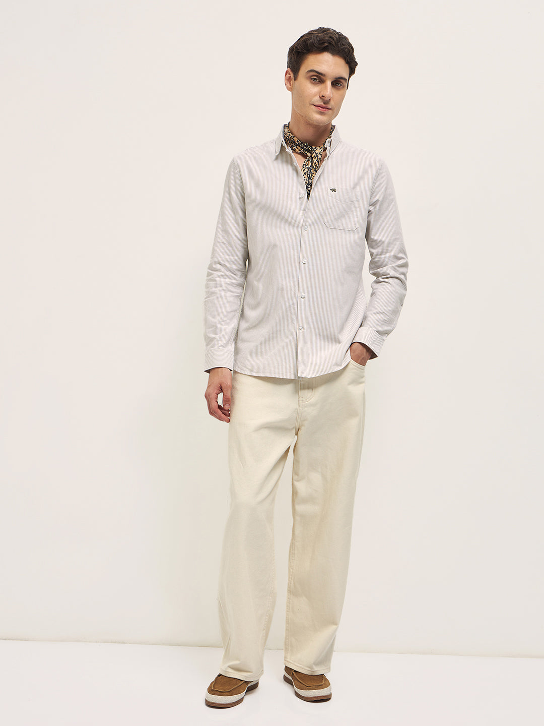 Beige Vertical Pin Stripes Slim Fit Casual Shirt