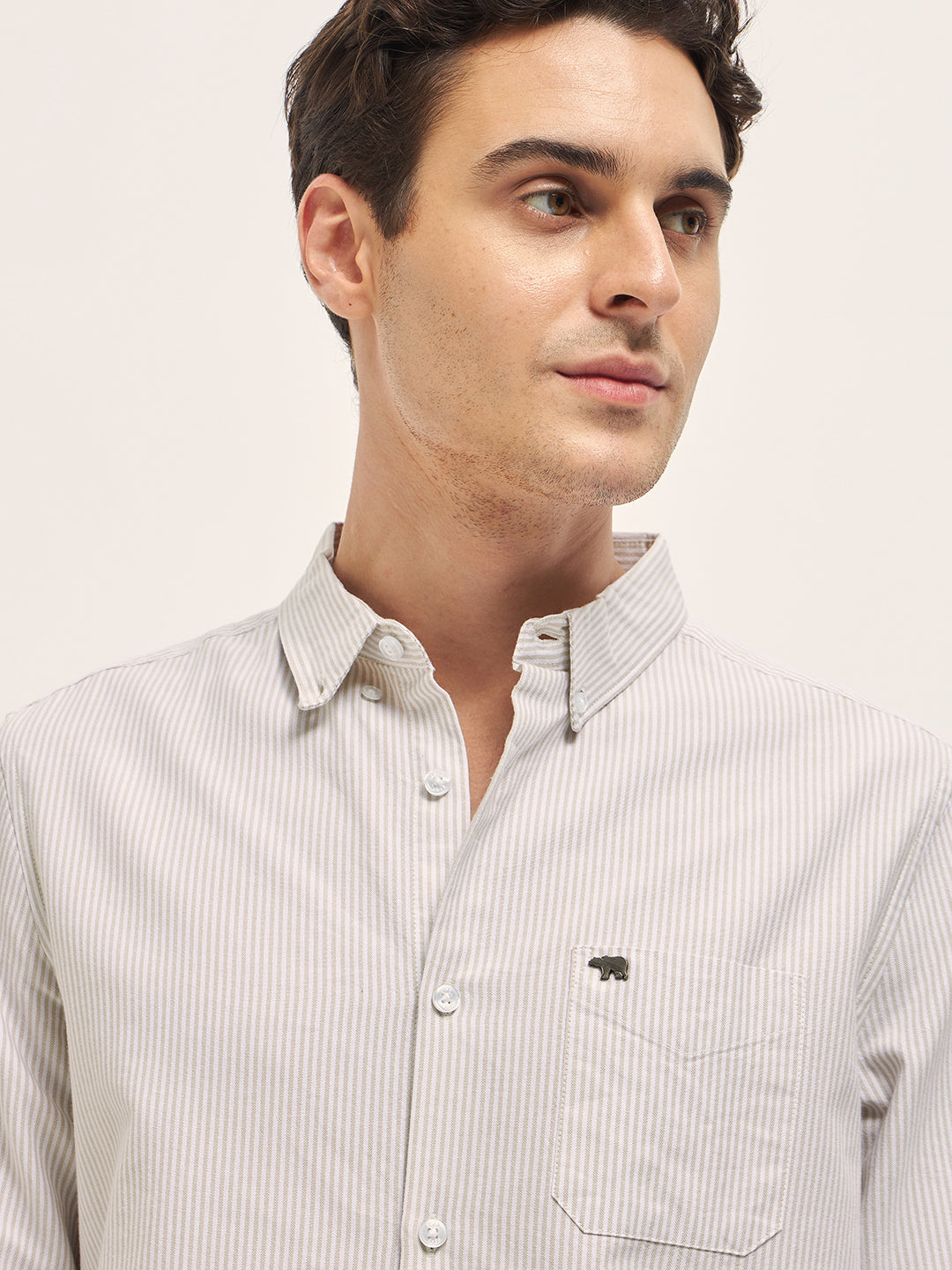 Beige Vertical Pin Stripes Slim Fit Casual Shirt