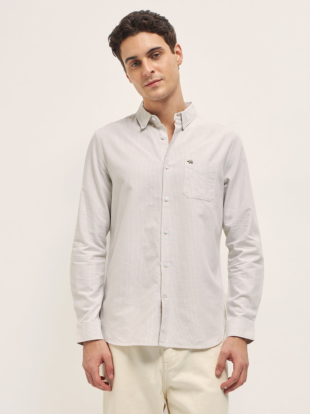 Beige Vertical Pin Stripes Slim Fit Casual Shirt