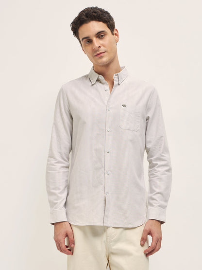Beige Vertical Pin Stripes Slim Fit Casual Shirt