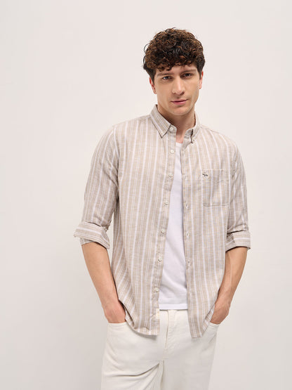 Beige Striped Slim Fit Casual Shirt
