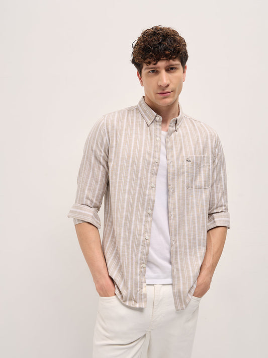 Beige Striped Slim Fit Casual Shirt