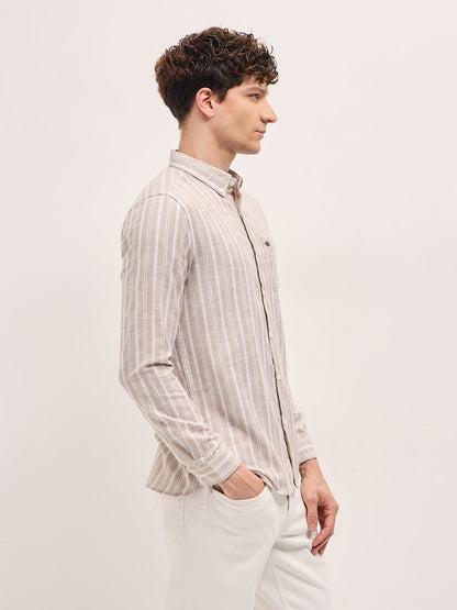 Beige Striped Slim Fit Casual Shirt