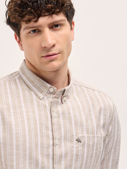 Beige Striped Slim Fit Casual Shirt