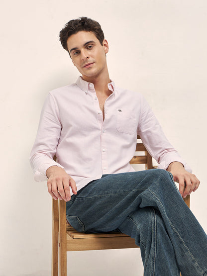 Peach Vertical Pin Stripes Slim Fit Casual Shirt