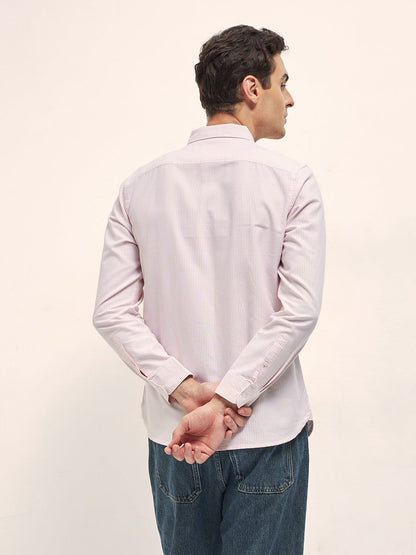 Peach Vertical Pin Stripes Slim Fit Casual Shirt