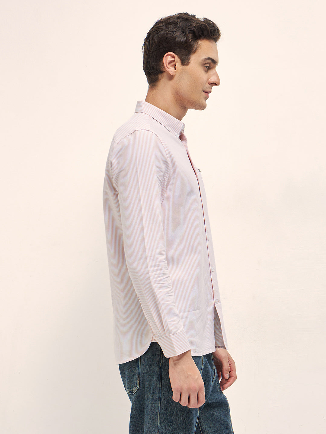 Peach Vertical Pin Stripes Slim Fit Casual Shirt