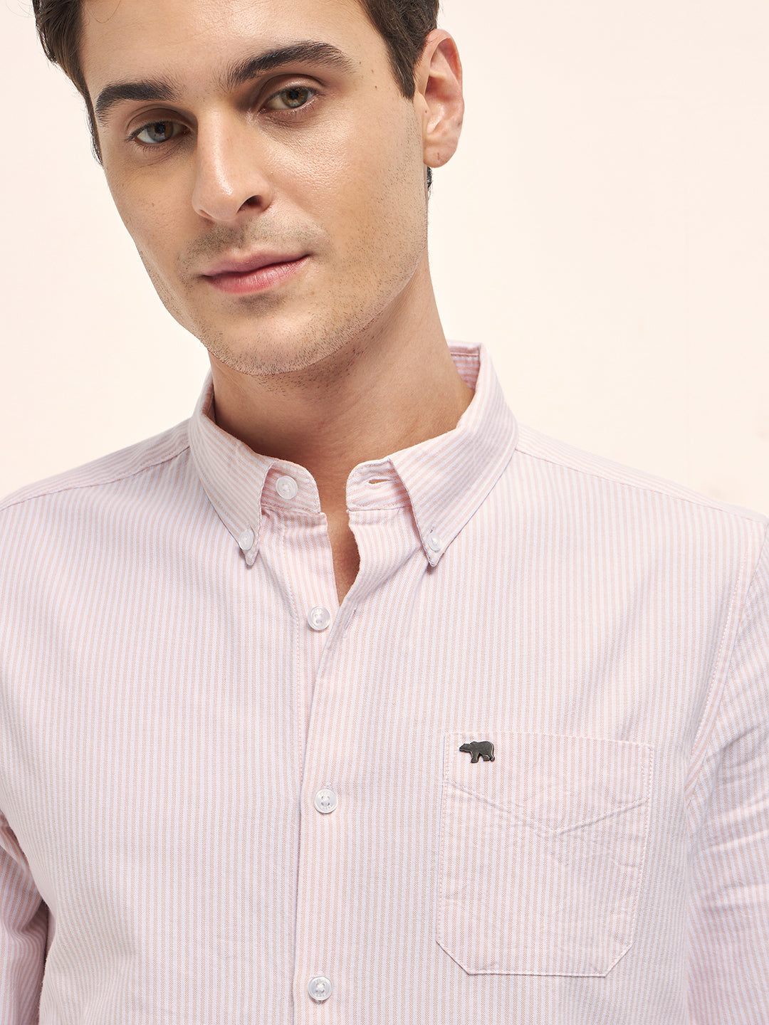 Peach Vertical Pin Stripes Slim Fit Casual Shirt