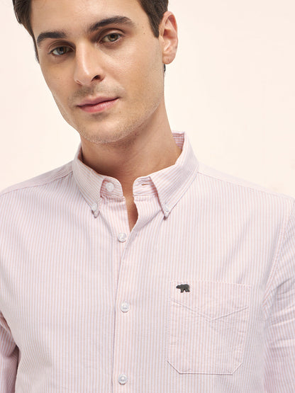 Peach Vertical Pin Stripes Slim Fit Casual Shirt