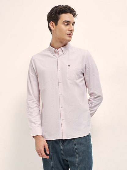 Peach Vertical Pin Stripes Slim Fit Casual Shirt