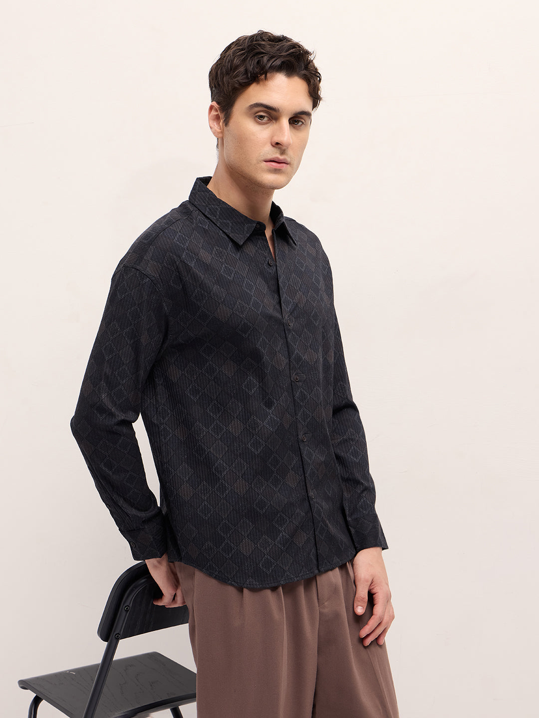 Black Geometrical Print Relax Fit Overshirt