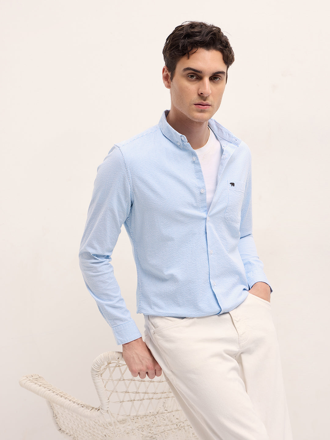 Light Blue Vertical Pin Stripes Slim Fit Casual Shirt