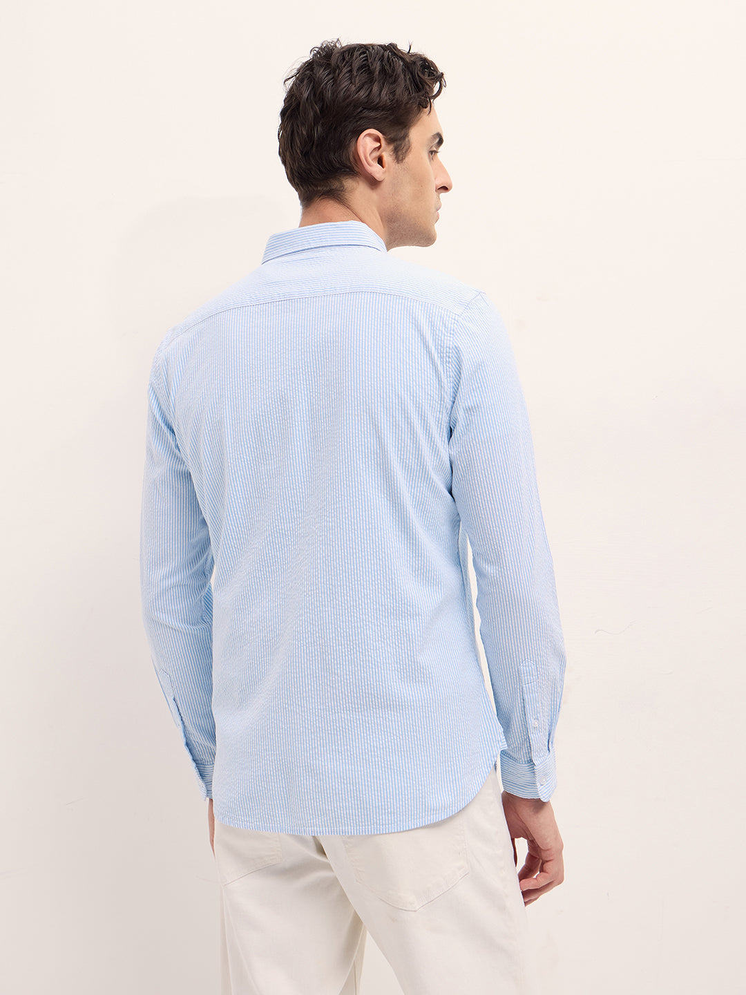Light Blue Vertical Pin Stripes Slim Fit Casual Shirt