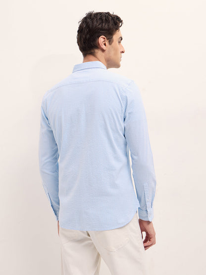 Light Blue Vertical Pin Stripes Slim Fit Casual Shirt