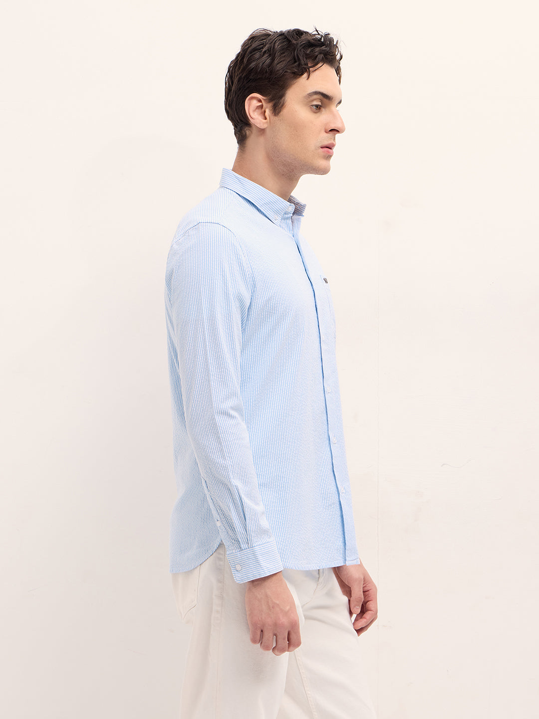 Light Blue Vertical Pin Stripes Slim Fit Casual Shirt