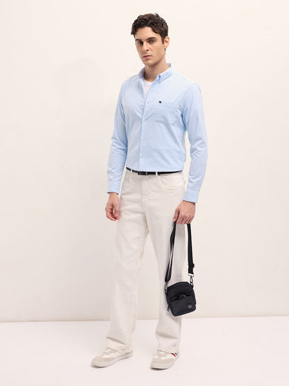 Light Blue Vertical Pin Stripes Slim Fit Casual Shirt