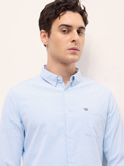Light Blue Vertical Pin Stripes Slim Fit Casual Shirt